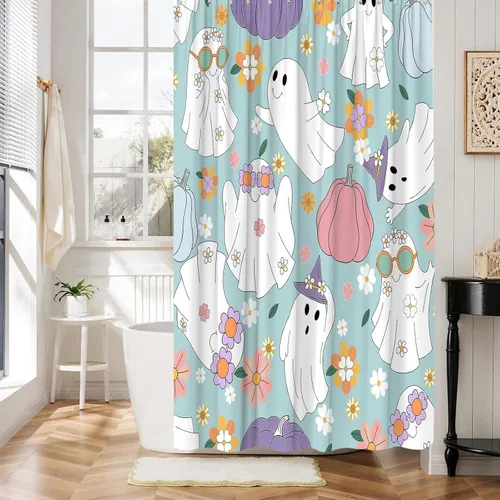 Vista 7 de Halloween Ghost Shower Curtain Spooky Cute 70s Retro Hippie Daisy Funny Bathroom Decor Curtain with Hooks,Blue White