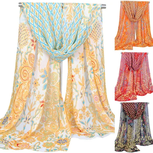 Vista 4 de Secret for Longevity Pañuelo rectangular largo de gasa beige naranja turquesa azul verde rojo dorado cachemira bufanda bufanda bufanda de mujer