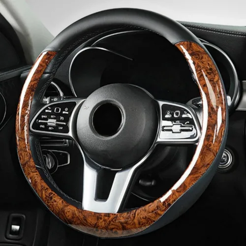 Vista 3 de Funda para volante de grano de madera, de piel de microfibra, transpirable, antideslizante, protector universal de 14.5-15 pulgadas, accesorios