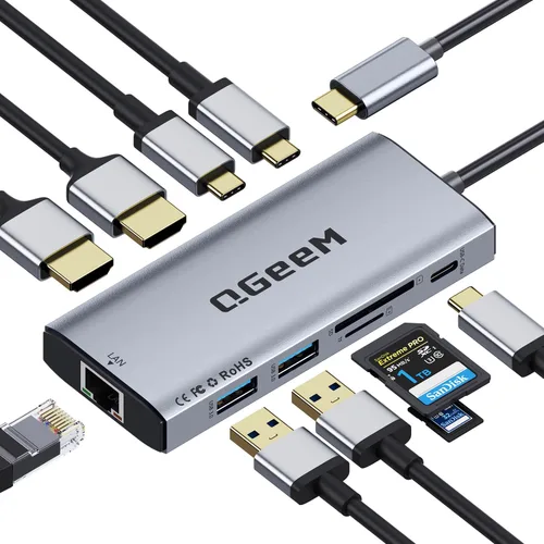 Vista 9 de Hub USB C, estación de acoplamiento para laptop 10 en 1, monitor dual individual 8K y 2x4K @60Hz, adaptador multipuerto tipo C con 2 HDMI, PD100W 10