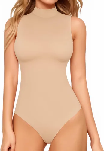 Vista 7 de MANGOPOP - Body de cuello de tortuga simulado sin mangas para mujer, leotardo de camiseta sin mangas 01 Negro