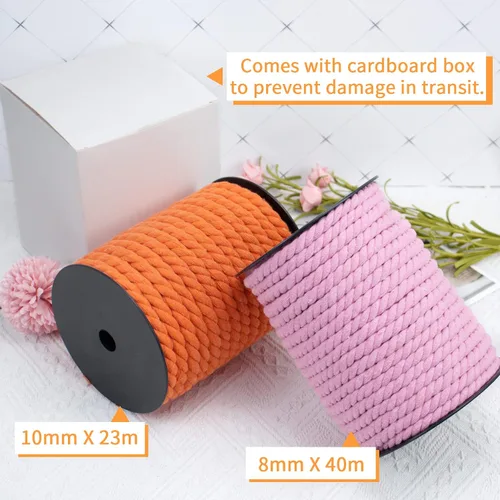 Vista 3 de Cordón de macramé de algodón, 0.315 in x 131 pies, hilo grueso para manualidades, cuerda trenzada de 3 hebras para colgar en la pared, ganchos