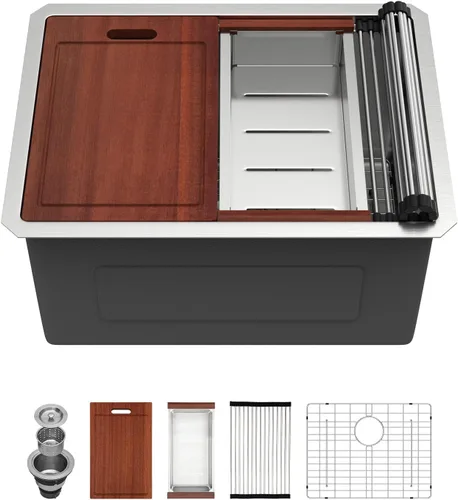Vista 42 de Sarlai Fregadero de cocina empotrado de 30 pulgadas dorado - Fregadero de cocina de 76,2 cm x 45,7 cm con repisa para estación de trabajo de acero