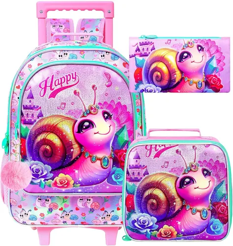 Vista 11 de Mochila con ruedas para niñas, Fox Kids School Mochilas con ruedas, mochila enrollable con lonchera para preescolar primaria (blanco)