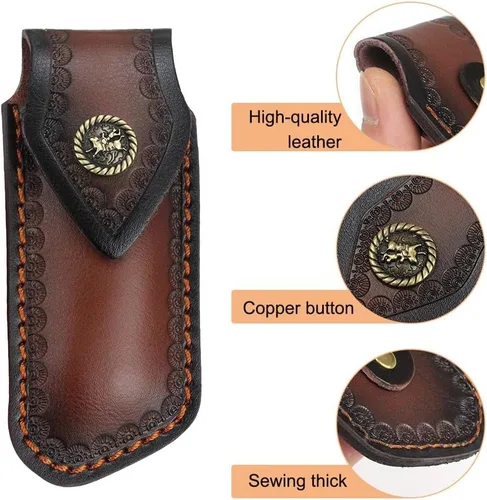 Vista 2 de Funda de cuchillo de bolsillo de 4/4.5 pulgadas, funda de cuero portátil para cuchillo con diseño de agujero para colgar para cinturón