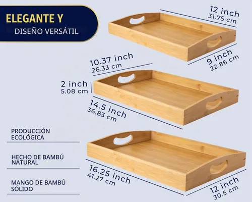 Vista 2 de Comfify Bandejas de bambú para servir, juego de 3 bandejas otomanas para alimentos, entretenimiento y decoración, diseño minimalista