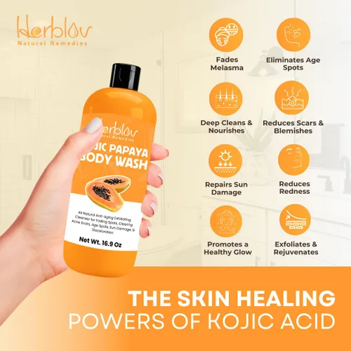Vista 3 de Herblov Jabón de ácido kójico para hiperpigmentación – Gel de baño de papaya kójica iluminador de la piel – Jabón de manchas oscuras reduce el acné