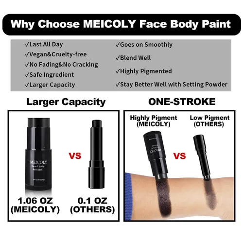 Vista 3 de MEICOLY Barra de Pintura Facial y Corporal Negra (1.06 Oz), Pintura Facial Negra Impermeable para Gato Halloween SFX Cráneo Joker Zombi Vampiro