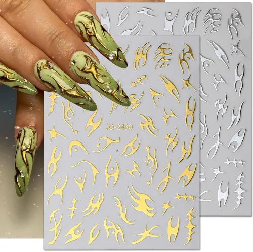 Vista 3 de 8 hojas de calcomanías de arte de uñas con llama irregular, plateado metálico, negro, blanco, oro, calcomanías autoadhesivas Y2k para diseño de uñas