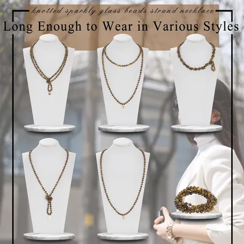 Vista 3 de Firstmeet Stone Necklace Long Agate Beads Chain Round Smooth Bracelet Jewelry for Women