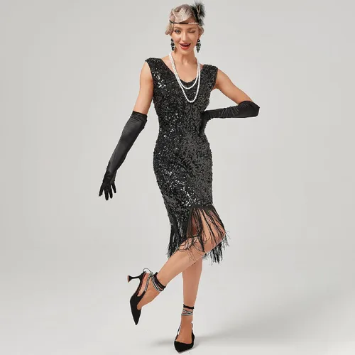 Vista 3 de IDOPIP Vestido de lentejuelas vintage de los años 20 con flecos de Gatsby con borlas, vestido formal de noche para boda, fiesta, cóctel