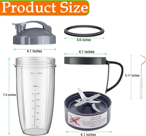 Vista 6 de NutriBullet - Juego de 8 tazas y cuchillas de repuesto NutriBullet de 32 onzas con 1 tapa abatible para llevar y 1 mango de anillo para licuadora