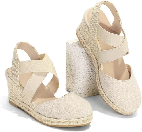 Vista 7 de mysoft Women's Closed Toe Crisscross Elastic Ankle Strap Platform Espadrille Wedge Sandals