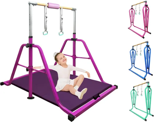 Vista 14 de Foldable Gymnastics Kip Bar with Rings & Bar Pad, 3 FT–5 FT Adjustable Horizontal Bar for Kids, 7-Level Height, 300 LBS Weight Capacity, Indoor Home