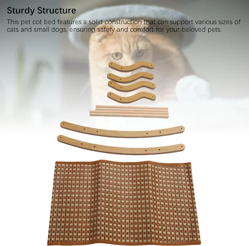 Vista 6 de Hamaca elevada para gatos, catre elevado transpirable para mascotas con cojín extraíble lavable, marco de madera y alfombrilla de ratán