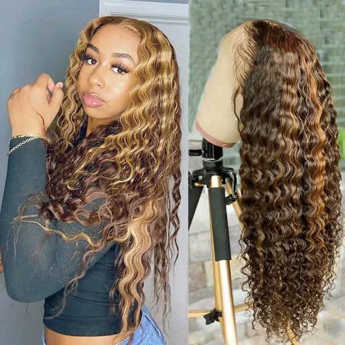 Vista 7 de Peluca de cabello humano rizado con encaje frontal transparente HD de onda profunda, previamente despuntada con abuelitos, nudos blanqueados