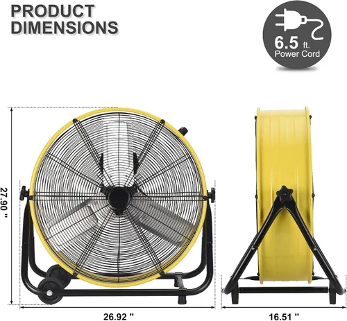Vista 7 de MEPTY Ventilador de tambor industrial de 24 pulgadas, ventilador de piso de 8800 CFM de alta velocidad, circulador de aire de metal resistente de 3