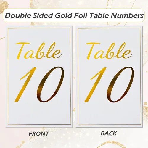 Vista 4 de Tarjetas de números de mesa doradas del 1 al 30 con tarjeta de mesa principal y tarjeteros de lugar