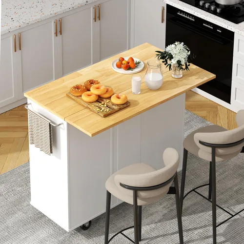 Vista 13 de Shintenchi Isla de cocina con hoja plegable, mesa de isla enrollable con almacenamiento, armario de cocina con ruedas con área de asiento