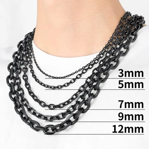 Vista 5 de ChainsHouse - Collar cubano para hombre y mujer, 3mm5mm7mm9mm12mm de ancho, acero inoxidablemetal negrochapado en oro de 18 quilates, 18-30 pulgadas