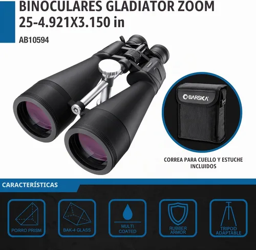 Vista 5 de Barska AB13664 Gladiator 25-125x80 Zoom Binoculares con adaptador de trípode para astronomía, observación de aves, deportes, visión de largo