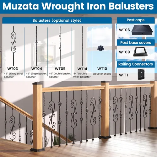Vista 6 de Muzata 10Pack de bases de balaustre de hierro, zapato plano para escalera con tornillo para balaustre cuadrado de 1/2 pulgada, husillo de escalera