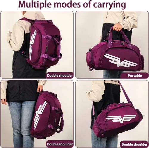 Vista 5 de FIORETTO Bolsa de deporte para hombre con bolsillo húmedo y compartimento para zapatos, ideal para viajes, gimnasio, deportes, natación, B-Morado