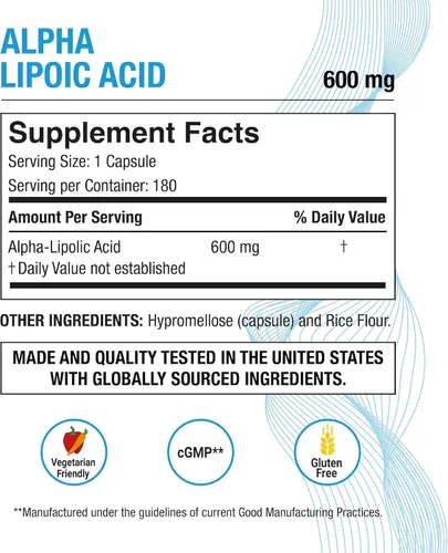 Vista 2 de Puregen Labs Ácido Alfa Lipoico 600mg [Alta Potencia] 180 Porciones - Soporte Antioxidante Sin Aditivos Nocivos Sin OGM, SIN Gluten y Lácteos