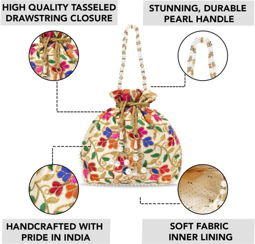 Vista 2 de Bolso de mano étnico de seda con perlas Batwa con asa para mujer