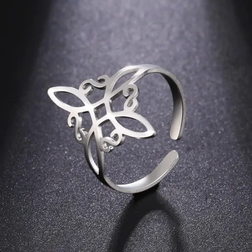 Vista 5 de UNIFT Anillo de nudo de bruja para mujer, de acero inoxidable, estilo geométrico, elegante, elegante, irlandés, nudo celta, ajustable, anillo