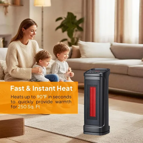 Vista 2 de Bonnlo Calentador de torre de 17 pulgadas de alto con control remoto, calentador de espacio portátil de 1500 W con oscilación de 70°, temporizador