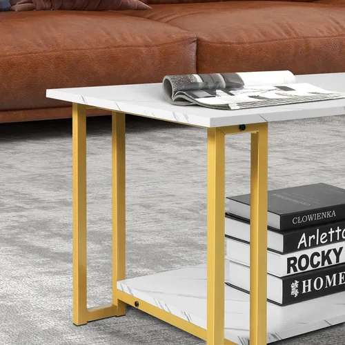 Vista 5 de Mesa de centro de mármol blanco con patas de metal dorado, mesa auxiliar rectangular de 2 niveles para sala de estar (patas de metal dorado)