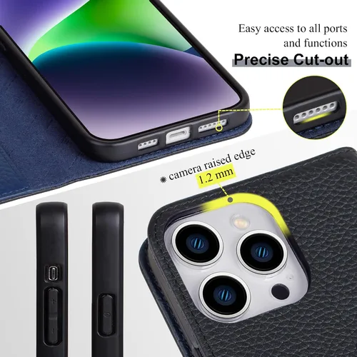 Vista 3 de VISOUL Pebbled - Funda de piel auténtica para iPhone 15 Pro Max con tarjetero y función atril magnético para iPhone 15 Pro Max (6.7 pulgadas)