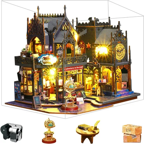 Vista 9 de Kit de casa de muñecas en miniatura Spilay para bricolaje, kit de casa de muñecas con muebles de madera, cubierta a prueba de polvo, caja de música