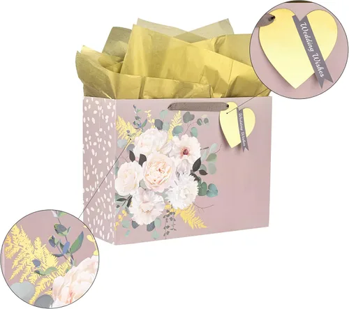 Vista 2 de MAYPLUSS Bolsa de regalo extra grande de 16 pulgadas con tarjeta de felicitación y papel de seda para boda, cumpleaños, diseño floral dorado