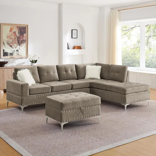 Vista 10 de DEINPPA Juegos de muebles de sala de estar, sofá modular reversible en forma de L, otomano de almacenamiento y portavasos, sofá tapizado