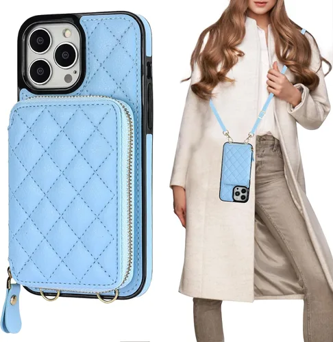 Vista 17 de Bocasal Funda tipo cartera cruzada para iPhone 13 Pro Max, bloqueo RFID de cuero PU con cremallera, bolso cartera con tapa plegable, funda tipo Beige