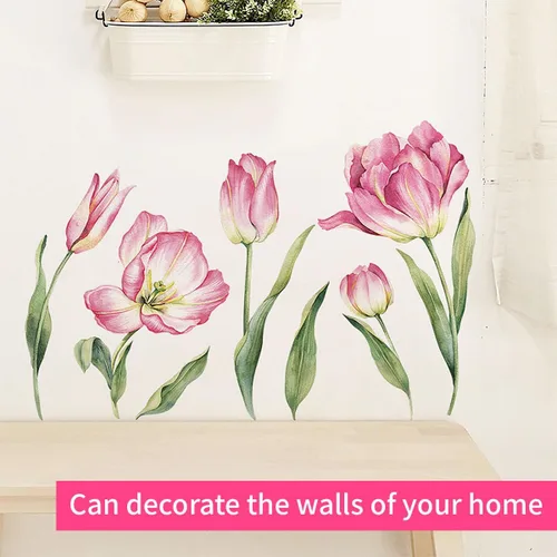 Vista 8 de 2 hojas de calcomanías de pared de flores rosas grandes, tulipán, flores, flores, jardín, hojas verdes, plantas, vinilo, bricolaje, decoración