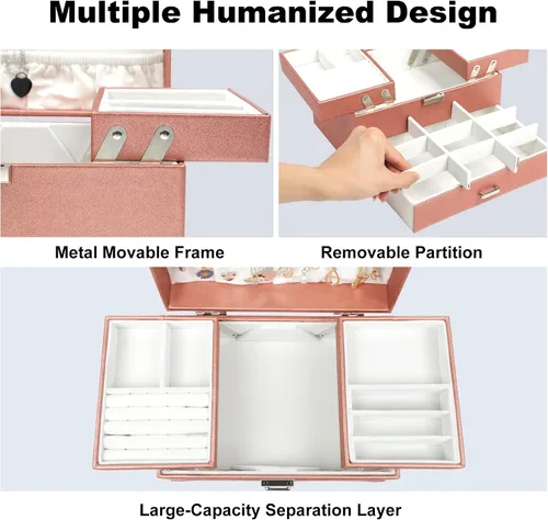 Vista 3 de Dajasan Caja organizadora de joyas, organizador de joyas para mujeres y niñas, 3 capas de almacenamiento grande de joyería para aretes, anillos