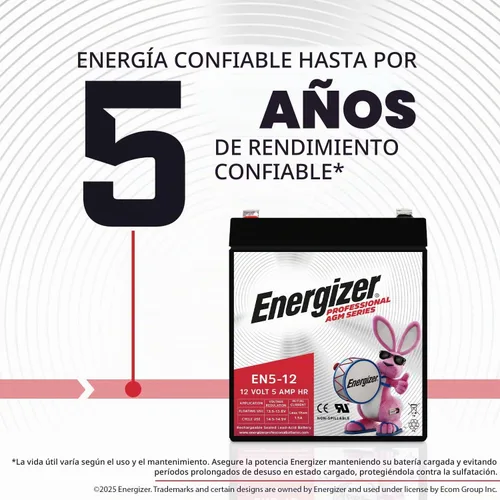 Vista 4 de Energizer EN5-12, 5 Amp Hr 12 V, batería recargable de plomo ácido sellada AGM de larga duración, ideal para uso en puertas de garaje, paneles