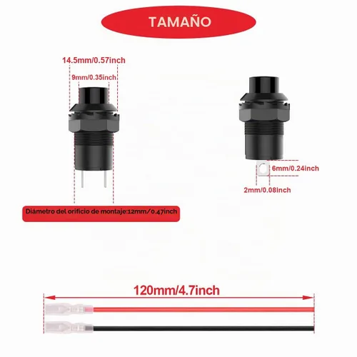 Vista 4 de 12 piezas de interruptor de botón de presión mini redondo negro de 12 mm con bloqueo automático AC 250 V 1.5 A 125 V 3 A encendido/apagado 2 pines