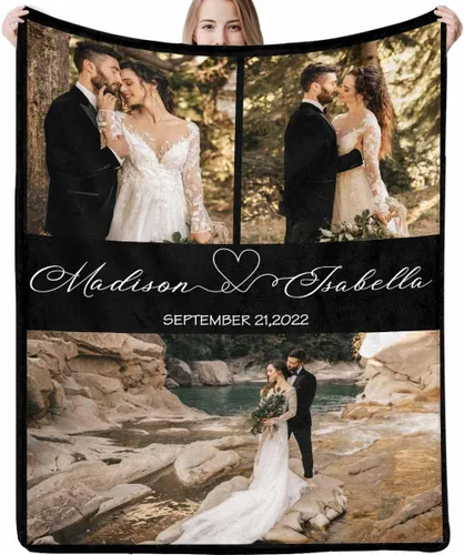 Vista 7 de Manta de fotos personalizada, manta de pareja de boda, con texto en inglés «He Asked And She Said Yes», 4 fotos, manta de boda, regalo romántico