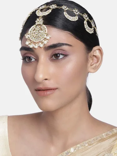 Vista 2 de I Jewels Sheeshphool/Mathapatti de Kundan Floral de la India chapado en oro con perlas para bodas de Bollywood para mujer (T206-7)