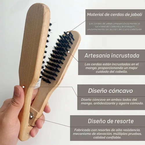 Vista 5 de Peine profesional para alisar el cabello, herramienta antiestática de peluquería de salón de madera de doble cepillo, marrón