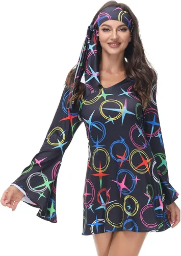 Vista 6 de Disfraz de discoteca para mujer, disfraz de discoteca de los años 70, vestido de Gogo, disfraces hippy para mujer