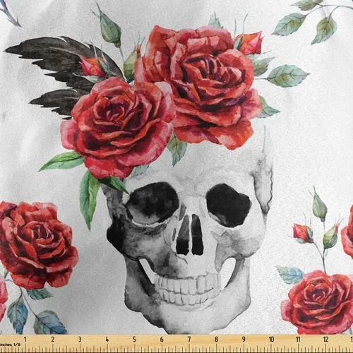 Vista 133 de Ambesonne The Yard, tela de calavera colorida con temática de Halloween, diseño de calavera y huesos cruzados, divertido estampado de dibujos