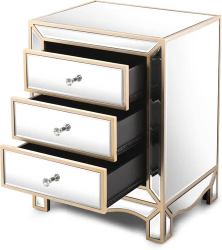 Vista 6 de SSLine Elegante cómoda de 3 cajones con espejo con mango de cristal, moderna mesita de noche color champán para dormitorio, cajón de almacenamiento
