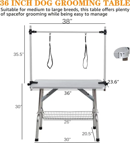 Vista 5 de Mesa profesional de aseo para perros y mascotas, ajustable, resistente, portátil, con brazo y lazo y bandeja de malla (gris, 36 pulgadas)