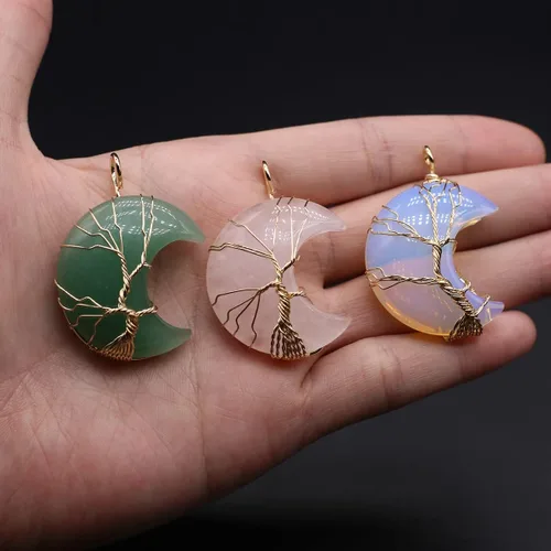 Vista 5 de 4 colgantes de piedra natural, forma de luna, chakra, cristal, ágata, alambre de piedra, tejer, diseño de árbol de la vida para hacer joyas