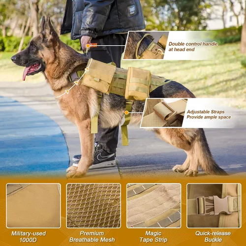 Vista 5 de AIWAI Arnés táctico para perro con bolsas, arnés de chaleco para perros grandes y medianos, arnés militar ajustable sin tirones con asa, caminar